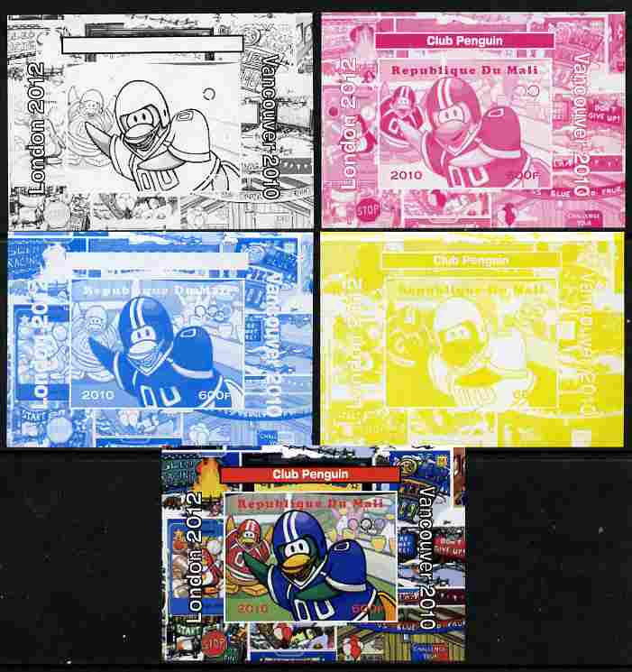 Mali 2010 Olympic Games - Disney Club Penguin #2 individual deluxe sheetlet - the set of 5 imperf progressive proofs comprising the 4 individual colours plus all 4-colour..., stamps on olympics, stamps on disney, stamps on films, stamps on cinema, stamps on cartoons, stamps on penguins, stamps on football, stamps on 