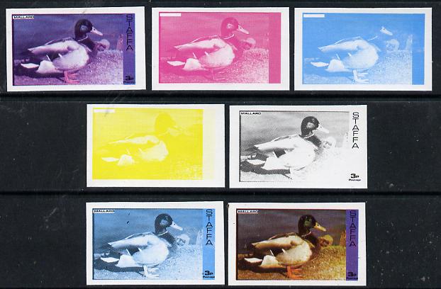 Staffa 1974 Water Birds #01 Mallard 3p set of 7 imperf progressive colour proofs comprising the 4 individual colours plus 2, 3 and all 4-colour composites unmounted mint, stamps on , stamps on  stamps on birds, stamps on ducks