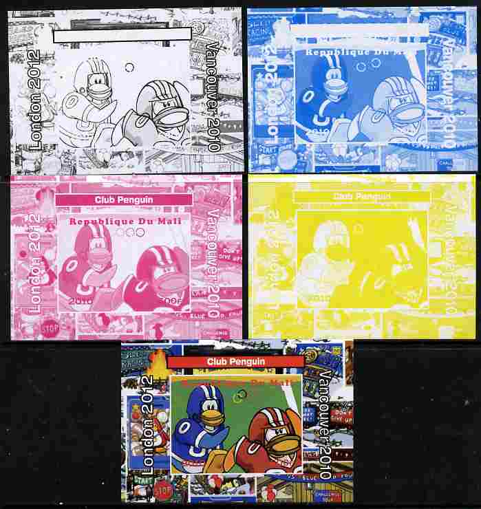 Mali 2010 Olympic Games - Disney Club Penguin #5 individual deluxe sheetlet - the set of 5 imperf progressive proofs comprising the 4 individual colours plus all 4-colour..., stamps on olympics, stamps on disney, stamps on films, stamps on cinema, stamps on cartoons, stamps on penguins, stamps on football, stamps on 