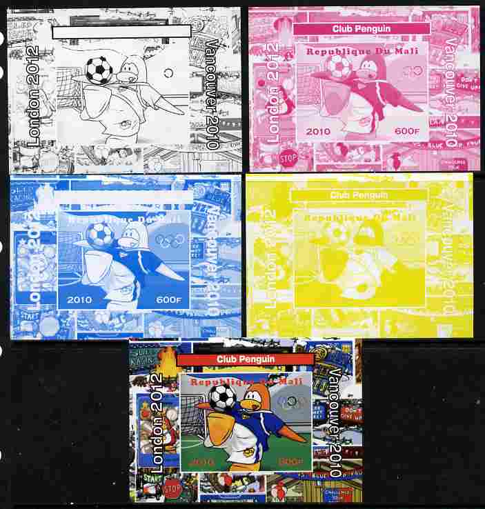 Mali 2010 Olympic Games - Disney Club Penguin #6 individual deluxe sheetlet - the set of 5 imperf progressive proofs comprising the 4 individual colours plus all 4-colour composite, unmounted mint , stamps on olympics, stamps on disney, stamps on films, stamps on cinema, stamps on cartoons, stamps on penguins, stamps on football, stamps on 