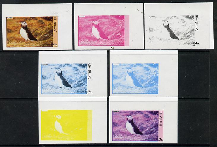 Staffa 1974 Water Birds #01 Puffin 4p set of 7 imperf progressive colour proofs comprising the 4 individual colours plus 2, 3 and all 4-colour composites unmounted mint, stamps on , stamps on  stamps on birds, stamps on  stamps on puffin