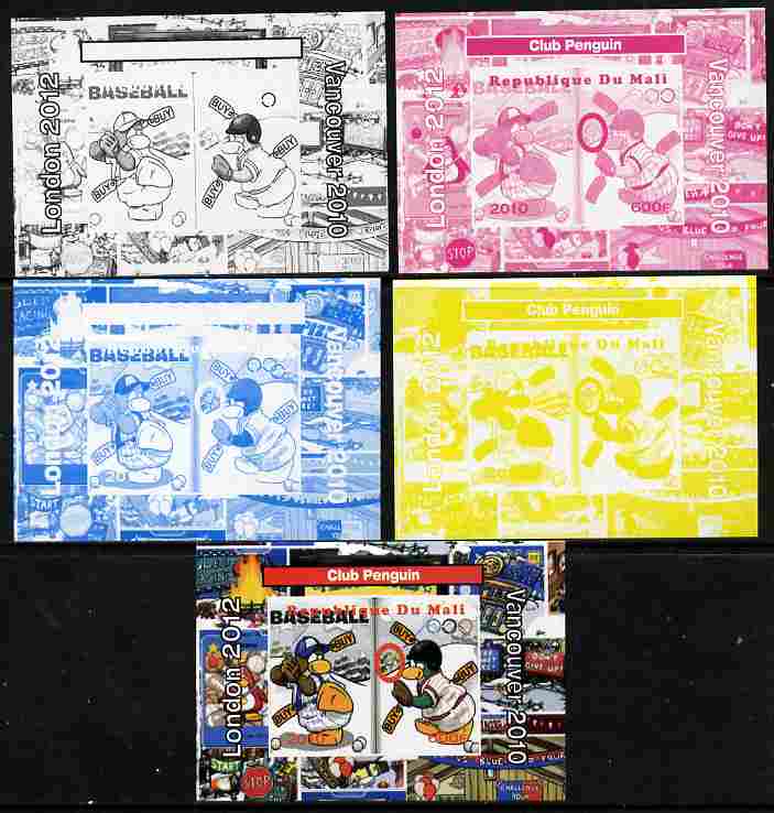 Mali 2010 Olympic Games - Disney Club Penguin #8 individual deluxe sheetlet - the set of 5 imperf progressive proofs comprising the 4 individual colours plus all 4-colour composite, unmounted mint , stamps on , stamps on  stamps on olympics, stamps on  stamps on disney, stamps on  stamps on films, stamps on  stamps on cinema, stamps on  stamps on cartoons, stamps on  stamps on penguins, stamps on  stamps on baseball, stamps on  stamps on 