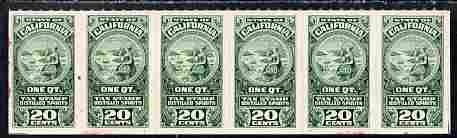 Cinderella - United States 1930's Distilled Spirits 20c tax stamp horizontal strip of 6 inscribed Eureka mounted on pink paper , stamps on , stamps on  stamps on alcohol