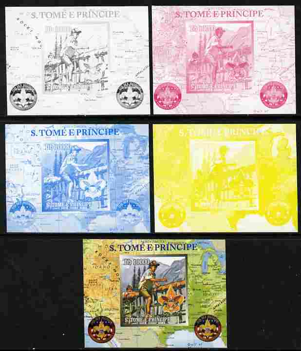 St Thomas & Prince Islands 2010 Centenary of Scouting in America #1 individual deluxe sheetlet - the set of 5 imperf progressive proofs comprising the 4 individual colours plus all 4-colour composite, unmounted mint , stamps on , stamps on  stamps on scouts, stamps on  stamps on americana, stamps on  stamps on maps