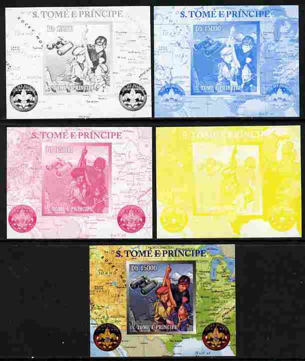 St Thomas & Prince Islands 2010 Centenary of Scouting in America #2 individual deluxe sheetlet - the set of 5 imperf progressive proofs comprising the 4 individual colours plus all 4-colour composite, unmounted mint , stamps on scouts, stamps on americana, stamps on maps, stamps on flags