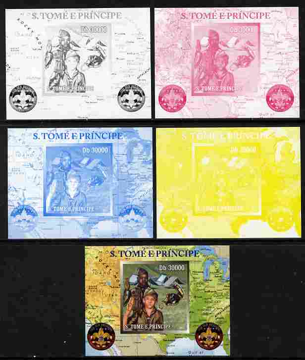St Thomas & Prince Islands 2010 Centenary of Scouting in America #4 individual deluxe sheetlet - the set of 5 imperf progressive proofs comprising the 4 individual colours plus all 4-colour composite, unmounted mint , stamps on , stamps on  stamps on scouts, stamps on  stamps on americana, stamps on  stamps on maps