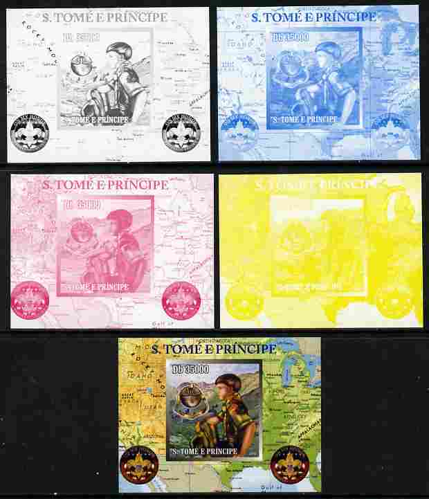 St Thomas & Prince Islands 2010 Centenary of Scouting in America #5 individual deluxe sheetlet - the set of 5 imperf progressive proofs comprising the 4 individual colours plus all 4-colour composite, unmounted mint , stamps on scouts, stamps on americana, stamps on maps