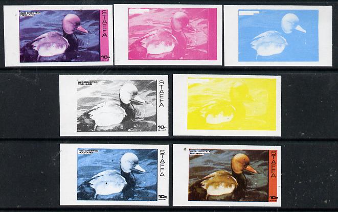 Staffa 1974 Water Birds #01 Pochard 10p set of 7 imperf progressive colour proofs comprising the 4 individual colours plus 2, 3 and all 4-colour composites unmounted mint, stamps on , stamps on  stamps on birds