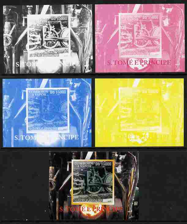 St Thomas & Prince Islands 2010 African Steam Trains #2 individual deluxe sheetlet - the set of 5 imperf progressive proofs comprising the 4 individual colours plus all 4..., stamps on railways