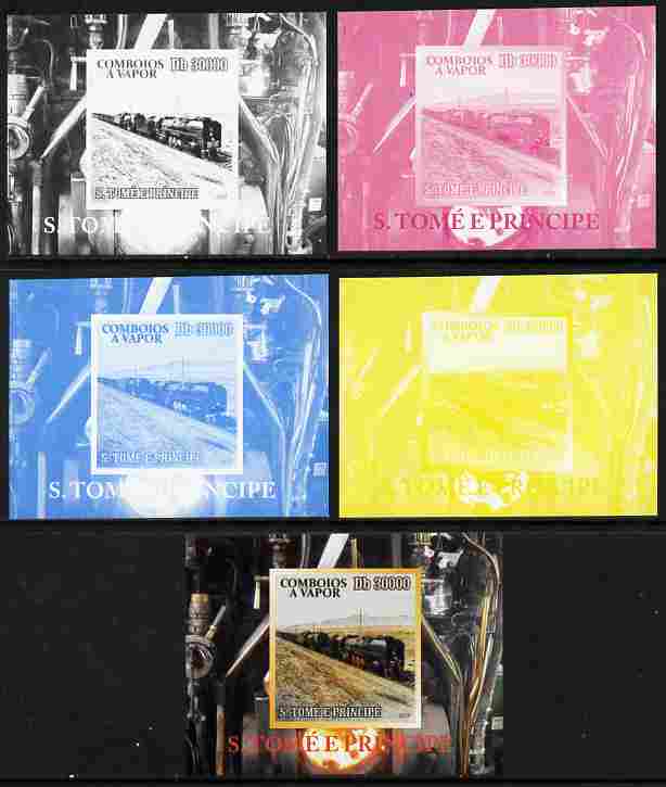 St Thomas & Prince Islands 2010 African Steam Trains #4 individual deluxe sheetlet - the set of 5 imperf progressive proofs comprising the 4 individual colours plus all 4..., stamps on railways