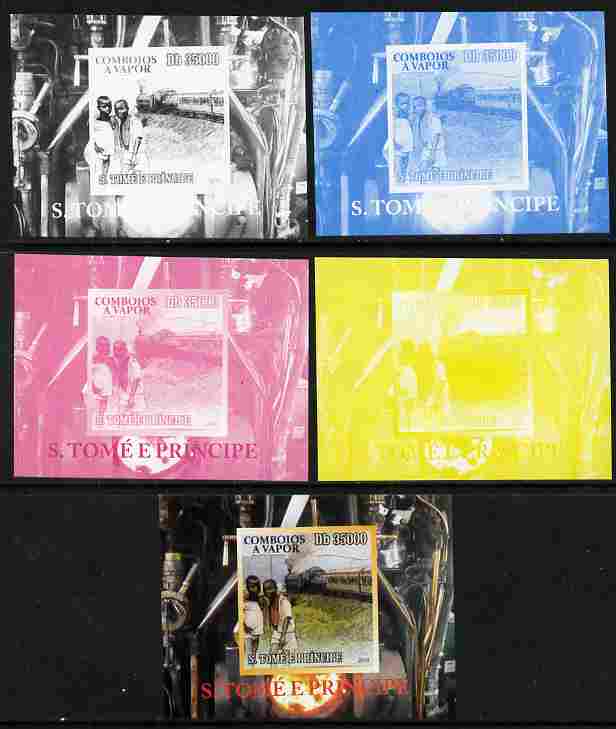 St Thomas & Prince Islands 2010 African Steam Trains #5 individual deluxe sheetlet - the set of 5 imperf progressive proofs comprising the 4 individual colours plus all 4..., stamps on railways