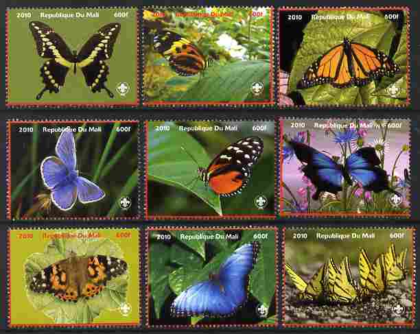 Mali 2010 Butterlies perf set of 9 values each with Scouts Logo, unmounted mint , stamps on butterflies, stamps on scouts