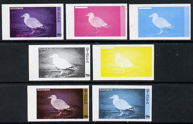 Staffa 1974 Water Birds #01 Herring Gull 15p set of 7 imperf progressive colour proofs comprising the 4 individual colours plus 2, 3 and all 4-colour composites unmounted..., stamps on birds