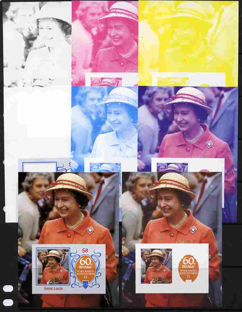St Lucia 1986 Queen's 60th Birthday $8 m/sheet - the set of 8 imperf progressive proofs comprising 4 individual colours plus various composites including completed design, unmounted mint as SG MS 880, stamps on royalty, stamps on 60th birthday
