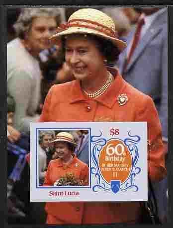 St Lucia 1986 Queen's 60th Birthday $8 imperf m/sheet unmounted mint as SG MS 880, stamps on royalty, stamps on 60th birthday