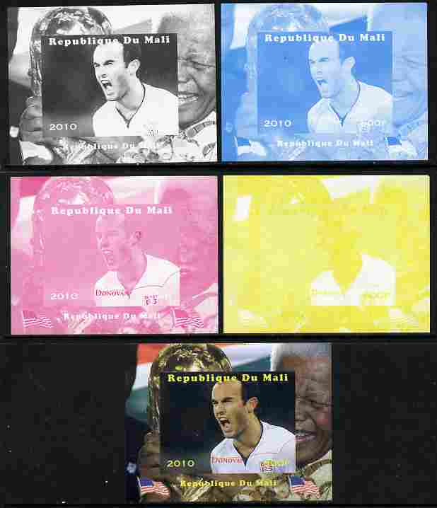 Mali 2010 Football World Cup - Donovan with Nelson Mandela in background individual deluxe sheetlet - the set of 5 imperf progressive proofs comprising the 4 individual colours plus all 4-colour composite, unmounted mint , stamps on personalities, stamps on football, stamps on mandela, stamps on nobel, stamps on peace, stamps on racism, stamps on human rights