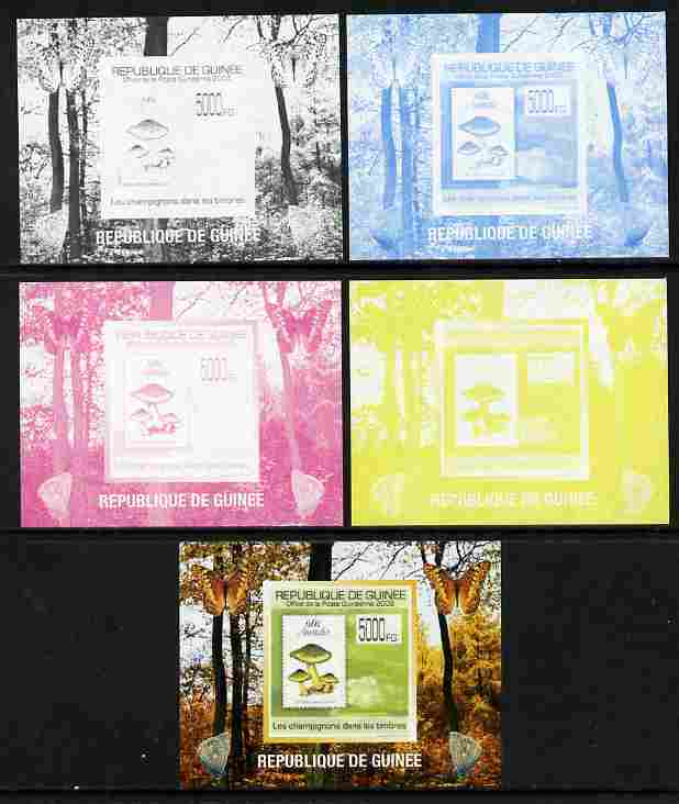 Guinea - Conakry 2009 Fungi on Stamps #1 individual deluxe sheetlet - the set of 5 imperf progressive proofs comprising the 4 individual colours plus all 4-colour composite, unmounted mint , stamps on fungi, stamps on butterflies, stamps on stamponstamp, stamps on stamp on stamp