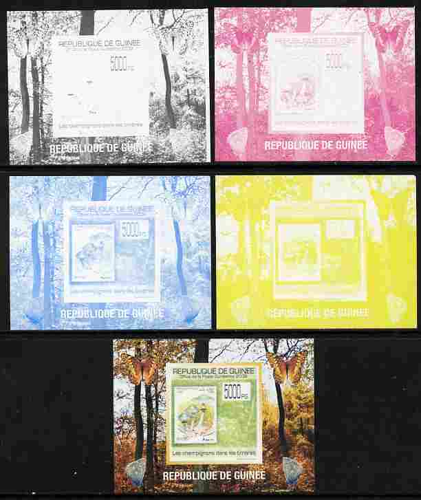 Guinea - Conakry 2009 Fungi on Stamps #3 individual deluxe sheetlet - the set of 5 imperf progressive proofs comprising the 4 individual colours plus all 4-colour composite, unmounted mint , stamps on fungi, stamps on butterflies, stamps on stamponstamp, stamps on stamp on stamp