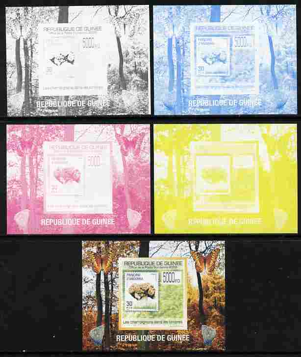 Guinea - Conakry 2009 Fungi on Stamps #6 individual deluxe sheetlet - the set of 5 imperf progressive proofs comprising the 4 individual colours plus all 4-colour composite, unmounted mint , stamps on fungi, stamps on butterflies, stamps on stamponstamp, stamps on stamp on stamp