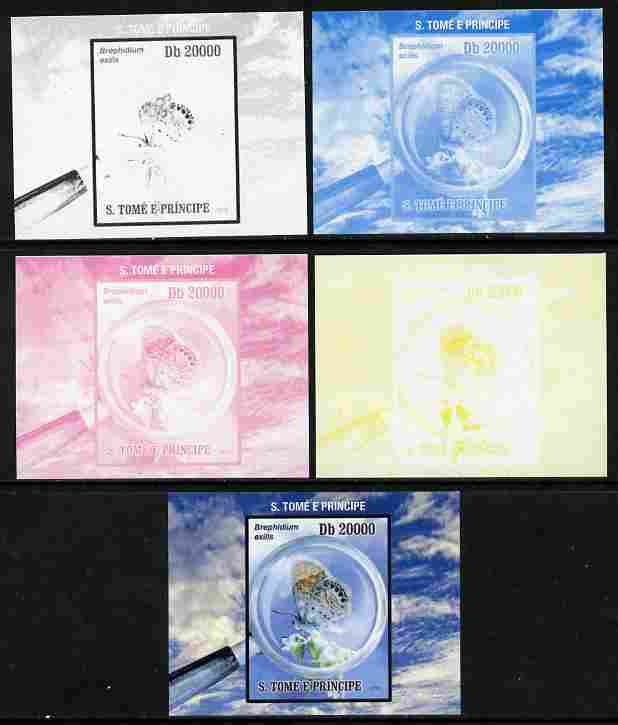 St Thomas & Prince Islands 2010 Butterflies #1 individual deluxe sheetlet - the set of 5 imperf progressive proofs comprising the 4 individual colours plus all 4-colour composite, unmounted mint , stamps on butterflies