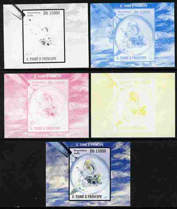 St Thomas & Prince Islands 2010 Butterflies #6 individual deluxe sheetlet - the set of 5 imperf progressive proofs comprising the 4 individual colours plus all 4-colour composite, unmounted mint , stamps on butterflies
