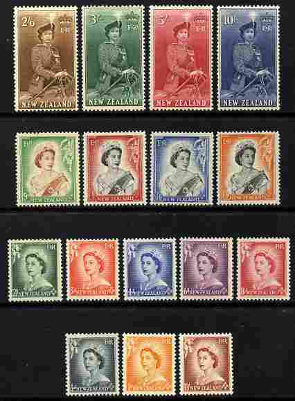 New Zealand 1953-59 QEII definitive set complete 16 values 1/2d to 10s very lightly mounted mint SG 723-36, stamps on qeii, stamps on 