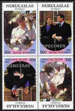 Tuvalu - Nukulaelae 1986 Royal Wedding (Andrew & Fergie) 60c perf tete-beche block of 4 (2 se-tenant pairs) overprinted SPECIMEN in silver (Italic caps 26.5 x 3 mm) unmounted mint from Printer's uncut proof sheet, stamps on , stamps on  stamps on royalty, stamps on  stamps on andrew, stamps on  stamps on fergie, stamps on  stamps on 