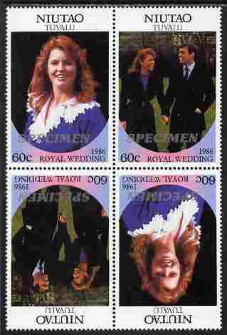 Tuvalu - Niutao 1986 Royal Wedding (Andrew & Fergie) 60c perf tete-beche block of 4 (2 se-tenant pairs) overprinted SPECIMEN in silver (Italic caps 26.5 x 3 mm) unmounted..., stamps on royalty, stamps on andrew, stamps on fergie, stamps on 