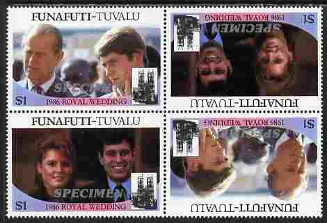 Tuvalu - Funafuti 1986 Royal Wedding (Andrew & Fergie) $1 perf tete-beche block of 4 (2 se-tenant pairs) overprinted SPECIMEN in silver (Italic caps 26.5 x 3 mm) unmounted mint from Printer's uncut proof sheet, stamps on , stamps on  stamps on royalty, stamps on  stamps on andrew, stamps on  stamps on fergie, stamps on  stamps on 