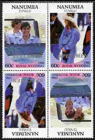 Tuvalu - Nanumea 1986 Royal Wedding (Andrew & Fergie) 60c perf tete-beche block of 4 (2 se-tenant pairs) overprinted SPECIMEN in silver (Italic caps 26.5 x 3 mm) unmounted mint from Printer's uncut proof sheet, stamps on , stamps on  stamps on royalty, stamps on  stamps on andrew, stamps on  stamps on fergie, stamps on  stamps on 