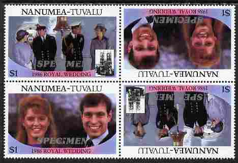 Tuvalu - Nanumea 1986 Royal Wedding (Andrew & Fergie) $1 perf tete-beche block of 4 (2 se-tenant pairs) overprinted SPECIMEN in silver (Italic caps 26.5 x 3 mm) unmounted mint from Printer's uncut proof sheet, stamps on , stamps on  stamps on royalty, stamps on  stamps on andrew, stamps on  stamps on fergie, stamps on  stamps on 