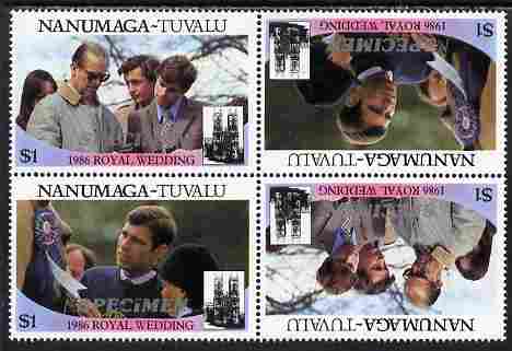 Tuvalu - Nanumaga 1986 Royal Wedding (Andrew & Fergie) $1 perf tete-beche block of 4 (2 se-tenant pairs) overprinted SPECIMEN in silver (Italic caps 26.5 x 3 mm) unmounte..., stamps on royalty, stamps on andrew, stamps on fergie, stamps on 
