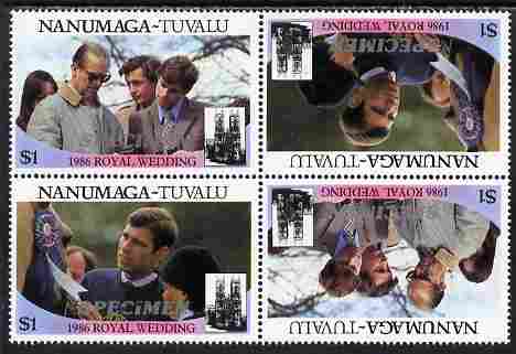 Tuvalu - Nanumaga 1986 Royal Wedding (Andrew & Fergie) $1 perf tete-beche block of 4 (2 se-tenant pairs) overprinted SPECIMEN in silver (Italic caps 26.5 x 3 mm) unmounted mint from Printer's uncut proof sheet, stamps on royalty, stamps on andrew, stamps on fergie, stamps on 