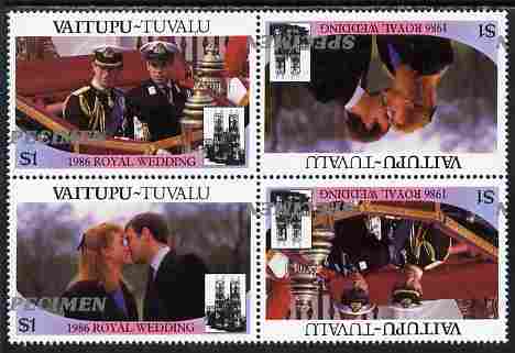 Tuvalu - Vaitupu 1986 Royal Wedding (Andrew & Fergie) $1 perf tete-beche block of 4 (2 se-tenant pairs) overprinted SPECIMEN in silver (Italic caps 26.5 x 3 mm) with over..., stamps on royalty, stamps on andrew, stamps on fergie, stamps on 