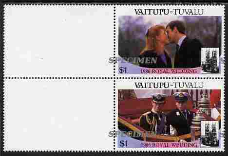 Tuvalu - Vaitupu 1986 Royal Wedding (Andrew & Fergie) $1 perf se-tenant marginal pair overprinted SPECIMEN in silver (Italic caps 26.5 x 3 mm) with overprint misplaced by 20 mm unmounted mint from Printer's uncut proof sheet, stamps on , stamps on  stamps on royalty, stamps on  stamps on andrew, stamps on  stamps on fergie, stamps on  stamps on 