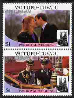 Tuvalu - Vaitupu 1986 Royal Wedding (Andrew & Fergie) $1 perf se-tenant pair overprinted SPECIMEN in silver (Italic caps 26.5 x 3 mm) with overprint inverted unmounted mint from Printer's uncut proof sheet, stamps on royalty, stamps on andrew, stamps on fergie, stamps on 