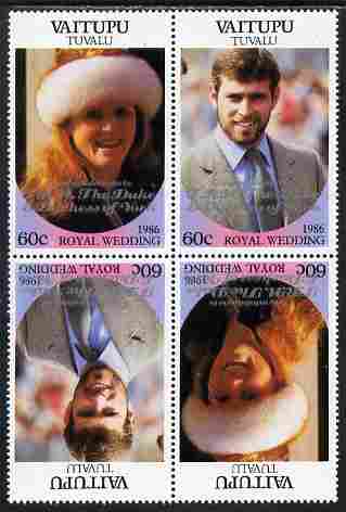 Tuvalu - Vaitupu 1986 Royal Wedding (Andrew & Fergie) 60c with 'Congratulations' opt in silver in unissued perf tete-beche block of 4 (2 se-tenant pairs) unmounted mint from Printer's uncut proof sheet, stamps on royalty, stamps on andrew, stamps on fergie, stamps on 