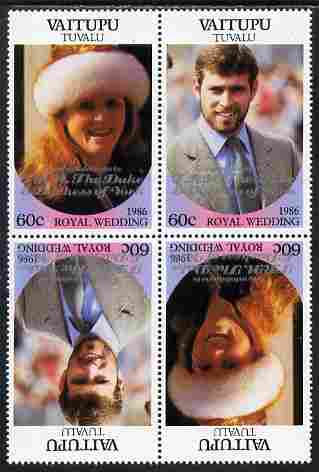 Tuvalu - Vaitupu 1986 Royal Wedding (Andrew & Fergie) 60c with 'Congratulations' opt in silver in unissued perf tete-beche block of 4 (2 se-tenant pairs) unmounted mint from Printer's uncut proof sheet, stamps on , stamps on  stamps on royalty, stamps on  stamps on andrew, stamps on  stamps on fergie, stamps on  stamps on 