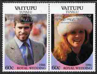 Tuvalu - Vaitupu 1986 Royal Wedding (Andrew & Fergie) 60c with 'Congratulations' opt in silver  se-tenant pair with overprint inverted unmounted mint from Printer's uncut proof sheet, stamps on , stamps on  stamps on royalty, stamps on  stamps on andrew, stamps on  stamps on fergie, stamps on  stamps on 