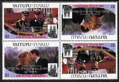 Tuvalu - Vaitupu 1986 Royal Wedding (Andrew & Fergie) $1 with 'Congratulations' opt in silver in unissued perf tete-beche block of 4 (2 se-tenant pairs) unmounted mint from Printer's uncut proof sheet, stamps on royalty, stamps on andrew, stamps on fergie, stamps on 