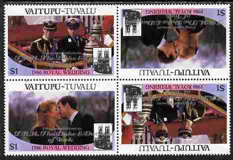 Tuvalu - Vaitupu 1986 Royal Wedding (Andrew & Fergie) $1 with 'Congratulations' opt in silver in unissued perf tete-beche block of 4 (2 se-tenant pairs) unmounted mint from Printer's uncut proof sheet, stamps on , stamps on  stamps on royalty, stamps on  stamps on andrew, stamps on  stamps on fergie, stamps on  stamps on 