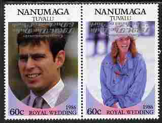 Tuvalu - Nanumaga 1986 Royal Wedding (Andrew & Fergie) 60c with 'Congratulations' opt in silver  se-tenant pair with overprint inverted unmounted mint from Printer's uncut proof sheet, stamps on , stamps on  stamps on royalty, stamps on  stamps on andrew, stamps on  stamps on fergie, stamps on  stamps on 