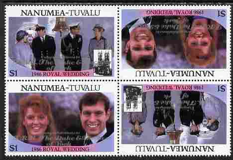 Tuvalu - Nanumea 1986 Royal Wedding (Andrew & Fergie) $1 with 'Congratulations' opt in silver in unissued perf tete-beche block of 4 (2 se-tenant pairs) unmounted mint from Printer's uncut proof sheet, stamps on royalty, stamps on andrew, stamps on fergie, stamps on 