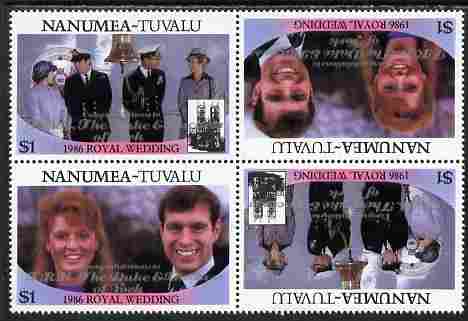 Tuvalu - Nanumea 1986 Royal Wedding (Andrew & Fergie) $1 with 'Congratulations' opt in silver in unissued perf tete-beche block of 4 (2 se-tenant pairs) unmounted mint from Printer's uncut proof sheet, stamps on , stamps on  stamps on royalty, stamps on  stamps on andrew, stamps on  stamps on fergie, stamps on  stamps on 