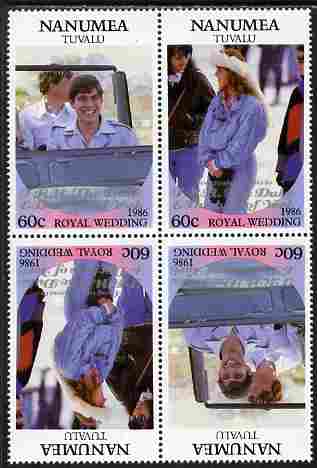 Tuvalu - Nanumea 1986 Royal Wedding (Andrew & Fergie) 60c with 'Congratulations' opt in silver in unissued perf tete-beche block of 4 (2 se-tenant pairs) unmounted mint from Printer's uncut proof sheet, stamps on , stamps on  stamps on royalty, stamps on  stamps on andrew, stamps on  stamps on fergie, stamps on  stamps on 