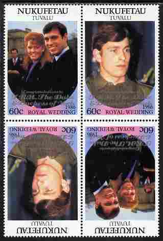 Tuvalu - Nukufetau 1986 Royal Wedding (Andrew & Fergie) 60c with 'Congratulations' opt in silver in unissued perf tete-beche block of 4 (2 se-tenant pairs) unmounted mint from Printer's uncut proof sheet, stamps on , stamps on  stamps on royalty, stamps on  stamps on andrew, stamps on  stamps on fergie, stamps on  stamps on 