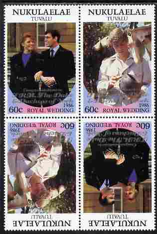 Tuvalu - Nukulaelae 1986 Royal Wedding (Andrew & Fergie) 60c with Congratulations opt in silver in unissued perf tete-beche block of 4 (2 se-tenant pairs) unmounted mint ..., stamps on royalty, stamps on andrew, stamps on fergie, stamps on 