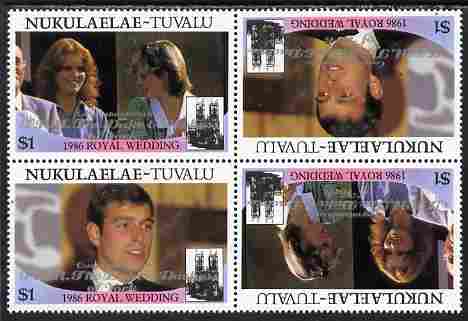 Tuvalu - Nukulaelae 1986 Royal Wedding (Andrew & Fergie) $1 with 'Congratulations' opt in silver in unissued perf tete-beche block of 4 (2 se-tenant pairs) unmounted mint from Printer's uncut proof sheet, stamps on royalty, stamps on andrew, stamps on fergie, stamps on 