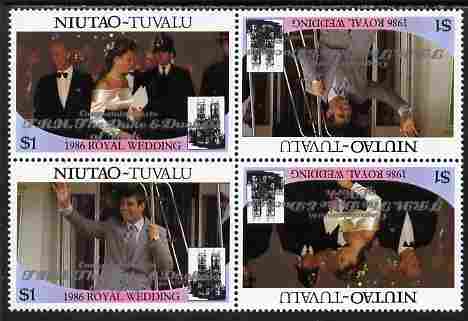 Tuvalu - Niutao 1986 Royal Wedding (Andrew & Fergie) $1 with 'Congratulations' opt in silver in unissued perf tete-beche block of 4 (2 se-tenant pairs) unmounted mint from Printer's uncut proof sheet, stamps on , stamps on  stamps on royalty, stamps on  stamps on andrew, stamps on  stamps on fergie, stamps on  stamps on 