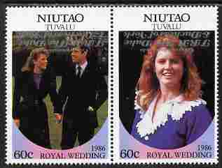 Tuvalu - Niutao 1986 Royal Wedding (Andrew & Fergie) 60c with 'Congratulations' opt in silver  se-tenant pair with overprint inverted unmounted mint from Printer's uncut proof sheet, stamps on , stamps on  stamps on royalty, stamps on  stamps on andrew, stamps on  stamps on fergie, stamps on  stamps on 